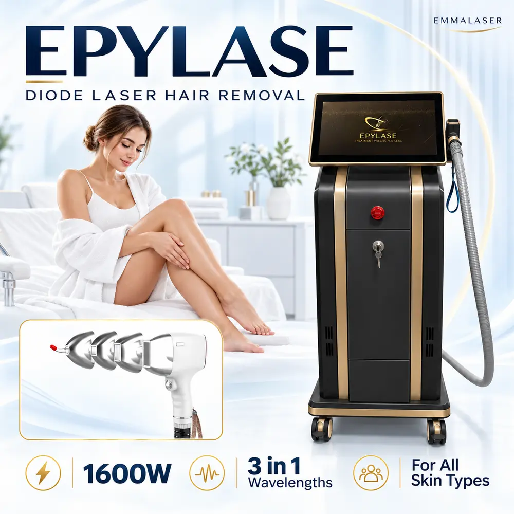 EPYLASE 1600W diode laser hair removal poster featuring the three-wavelength machine, treatment handpiece and a woman with smooth legs.
